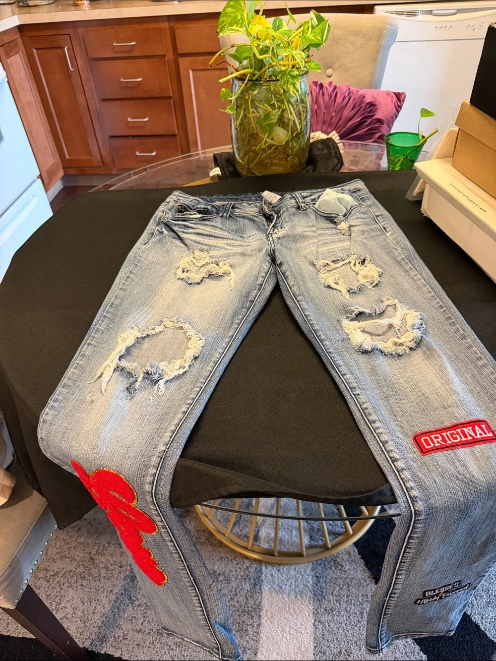 Revolt Jeans Light Blue Distressed Denim with Red Script Patch